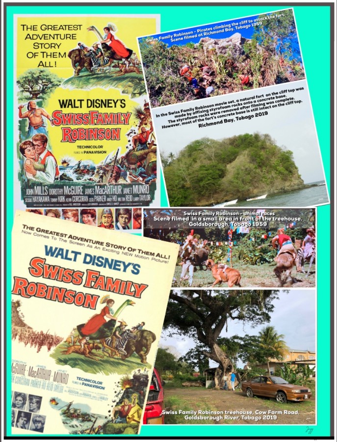 Collage of Swiss Family Robinson 1960 movie posters with 2019 photos