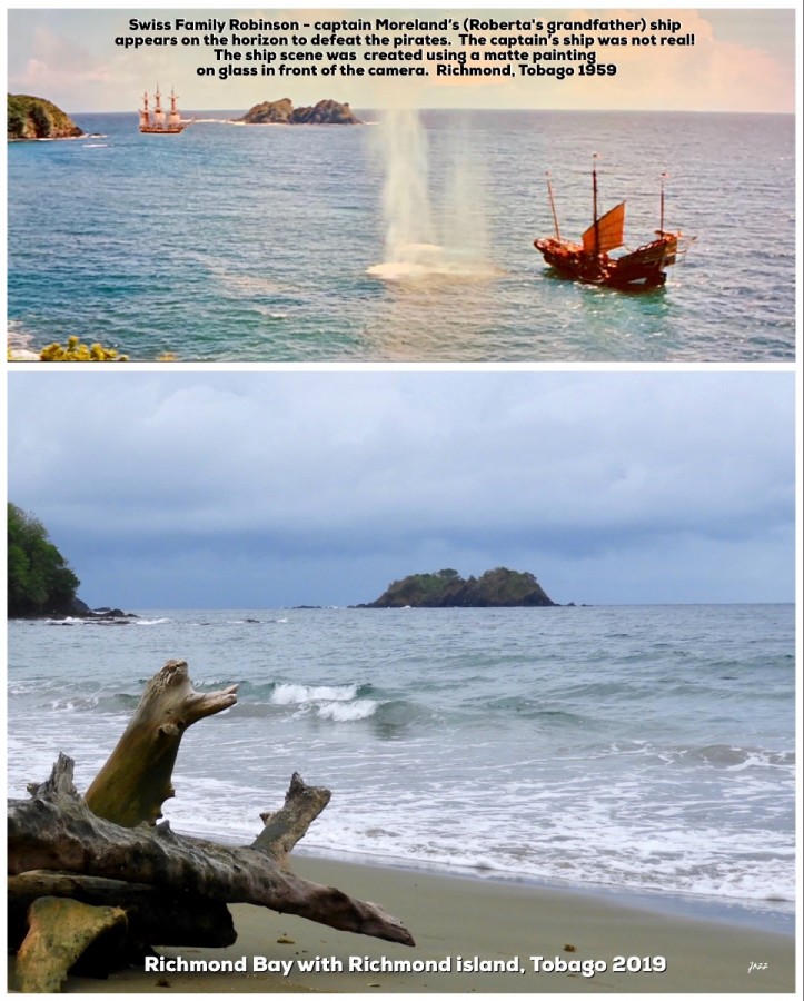 Swiss Family Robinson -  Captain Moreland ship appears on the horizon and starts bombing the pirate ship in the bay.