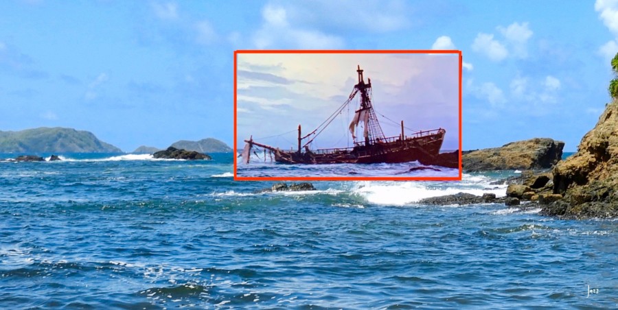 MOVIE OVERLAY: Swiss Family Robinson shipwreck on the rocks after the storm.  PRESENT DAY SCENE: Shipwreck Bay, Belle Garden, Tobago