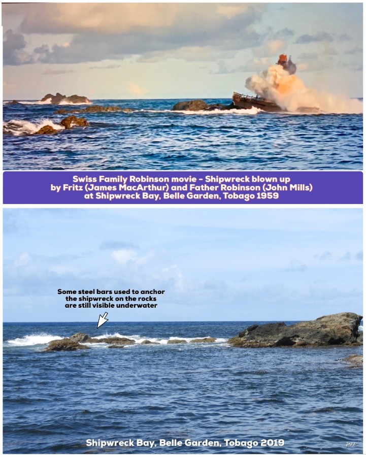 Shipwreck blown up by Fritz (James MacArthur) and Father Robinson (John Mills) at Shipwreck Bay, Belle Garden, Tobago 1959.
