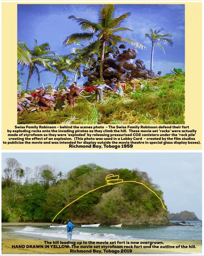 Swiss Family Robinson - behind the scenes photo  - The Swiss Family Robinson defend their fort by exploding rocks onto the invading pirates as they climb the hill.  Richmond Bay, Tobago 1959