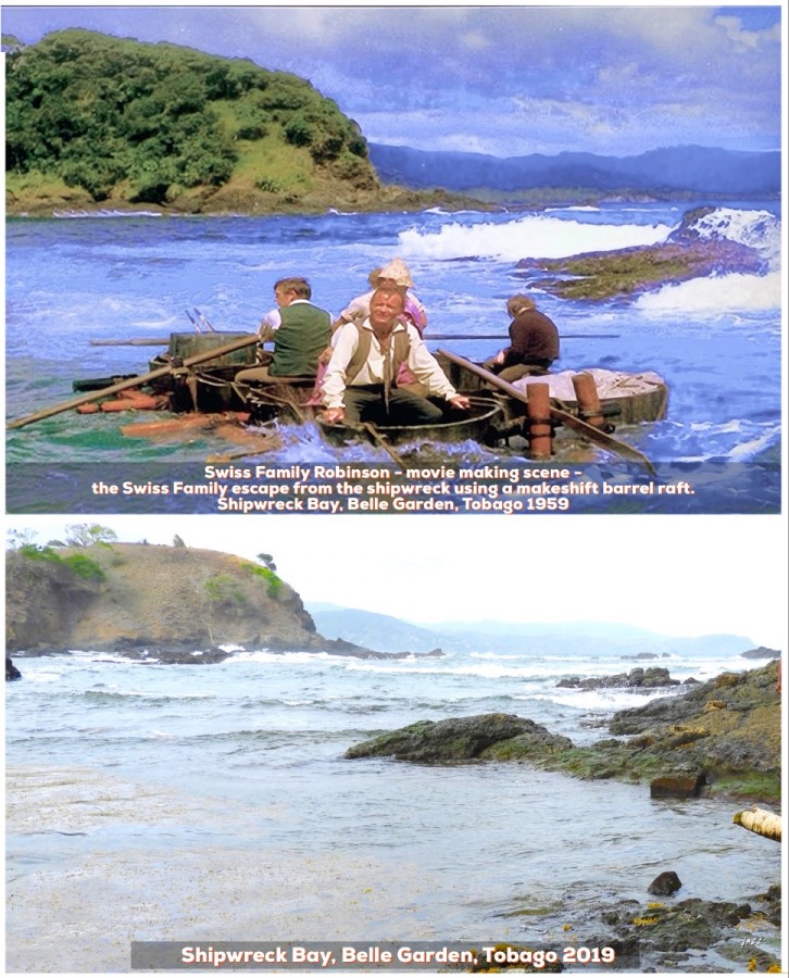 Swiss Family Robinson behind the scenes photo with the Swiss Family Robinson escaping from the shipwreck using a makeshift barrel raft.  Movie scene filmed at Shipwreck Bay, Belle Garden, Tobago 1959