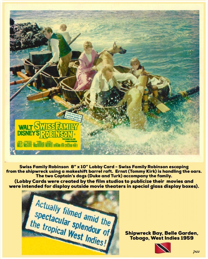 Swiss Family Robinson  8” x 10” Lobby Card - Swiss Family Robinson escaping from the shipwreck using a makeshift barrel raft.  Movie scene filmed at Shipwreck Bay, Belle Garden, Tobago 1959