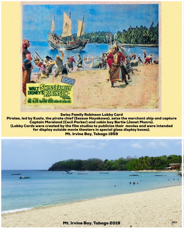 Swiss Family Robinson Lobby Card - Pirates, led by Kuala, the pirate captain (Sessue Hayakawa), seize the merchant ship and capture Captain Moreland (Cecil Parker) and cabin boy Bertie (Janet Munro).  Mt. Irvine Bay, Tobago 1959.