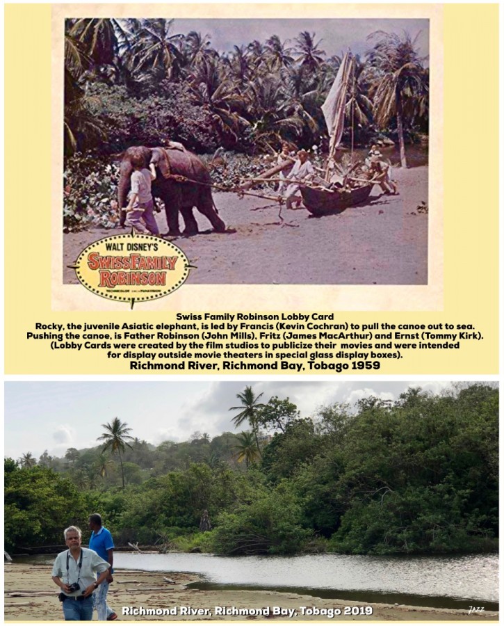 Swiss Family Robinson Lobby Card - Rocky, the juvenile Asiatic elephant, is led by Francis (Kevin Cochran) to pull the canoe out to sea.  Richmond River, Richmond Bay, Tobago 1959.