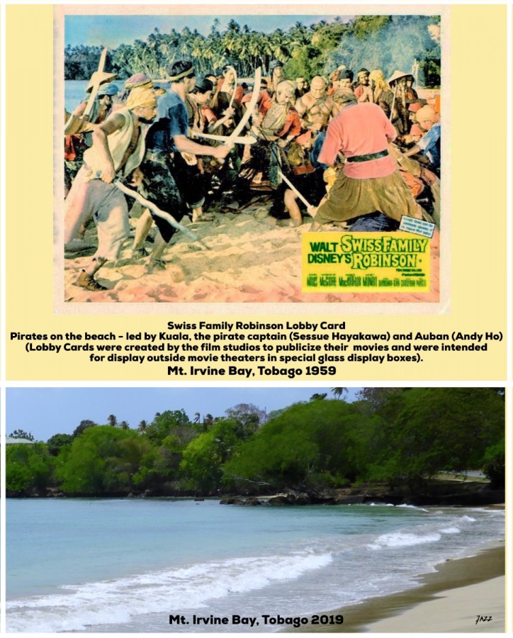Swiss Family Robinson Lobby Card - Pirates on the beach, led by Kuala, the pirate captain (Sessue Hayakawa) and Auban (Andy Ho).  Mt. Irvine Bay, Tobago 1959.