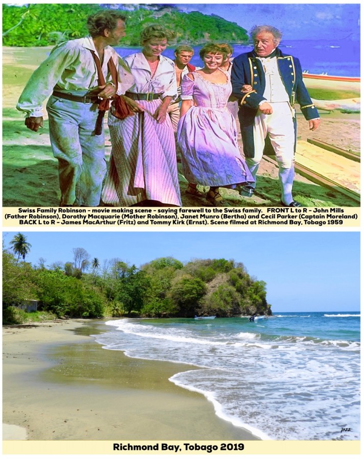 Swiss Family Robinson - movie making scene - saying farewell to the Swiss family. <br />Scene filmed at Richmond Bay, Tobago 1959