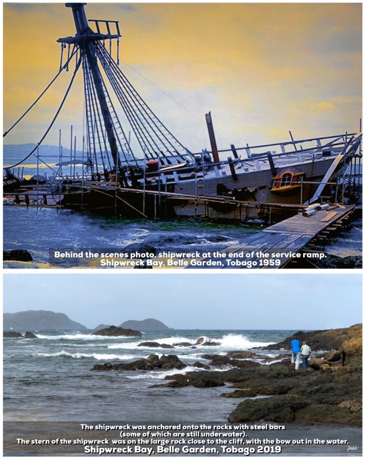 Swiss Family Robinson - behind the scenes photo.  The shipwreck at the end of the service ramp at Belle Garden bay, Tobago 1959.