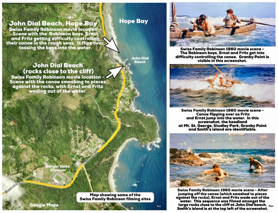 Map showing some of the Swiss Family Robinson filming sites - John Dial Beach, Hope Bay, Tobago.