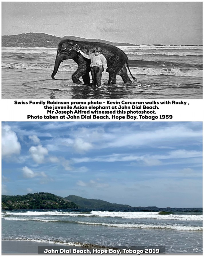 Swiss Family Robinson promo photo - Kevin Corcoran (Francis)  and Rocky the Asian elephant, John Dial Beach, Hope Bay, Tobago.