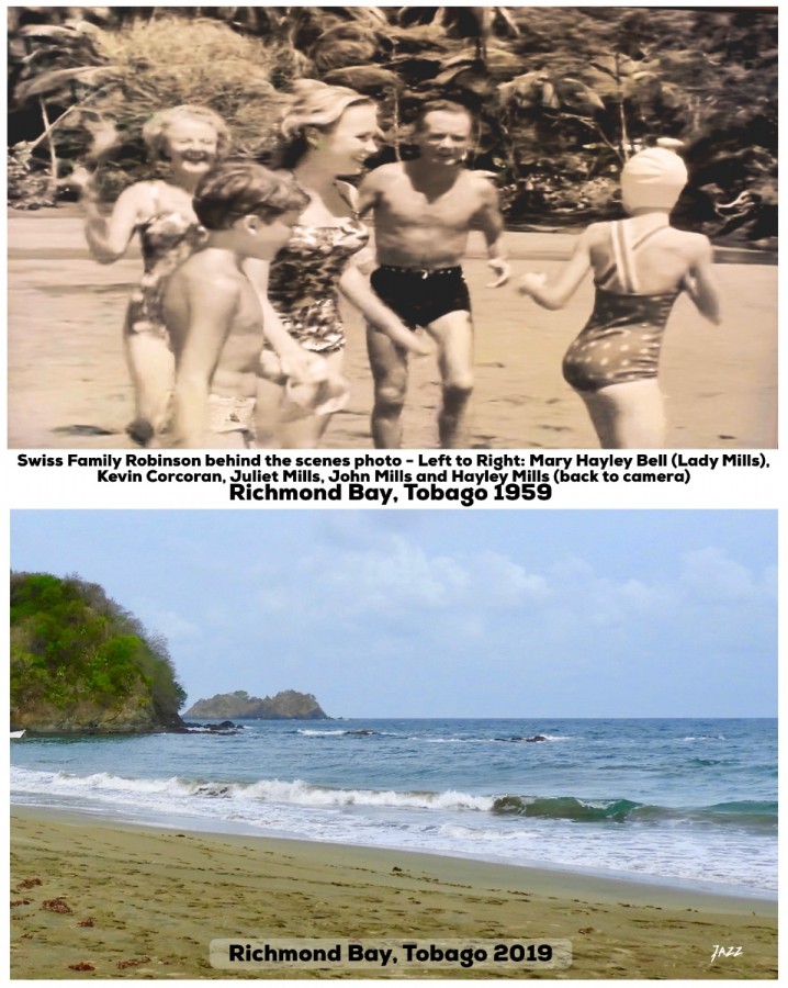 Swiss Family Robinson behind the scenes photo - Left to Right: Mary Hayley Bell (Lady Mills), Kevin Corcoran, Juliet Mills, John Mills and Hayley Mills.  Richmond Bay, Tobago.