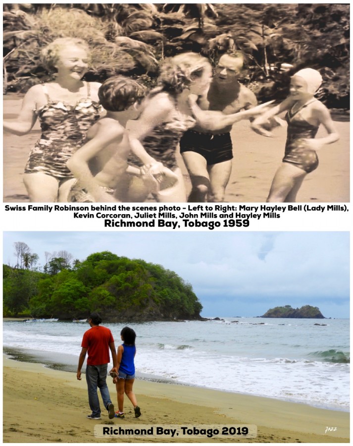 Swiss Family Robinson behind the scenes photo - Left to Right: Mary Hayley Bell (Lady Mills), Kevin Corcoran, Juliet Mills, John Mills and Hayley Mills.  Richmond Bay, Tobago.