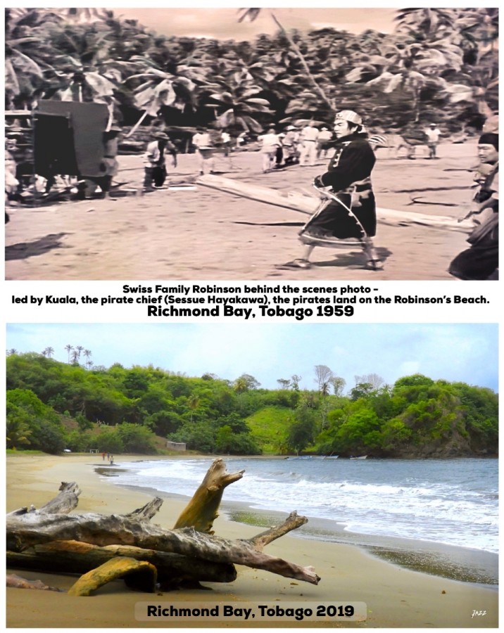 Swiss Family Robinson behind the scenes photo.  Led by Kuala, the pirate chief (Sessue Hayakawa), the pirates land on the Robinson’s Beach - Richmond Bay, Tobago 1959.<br />The movie was released on December 21, 1960.
