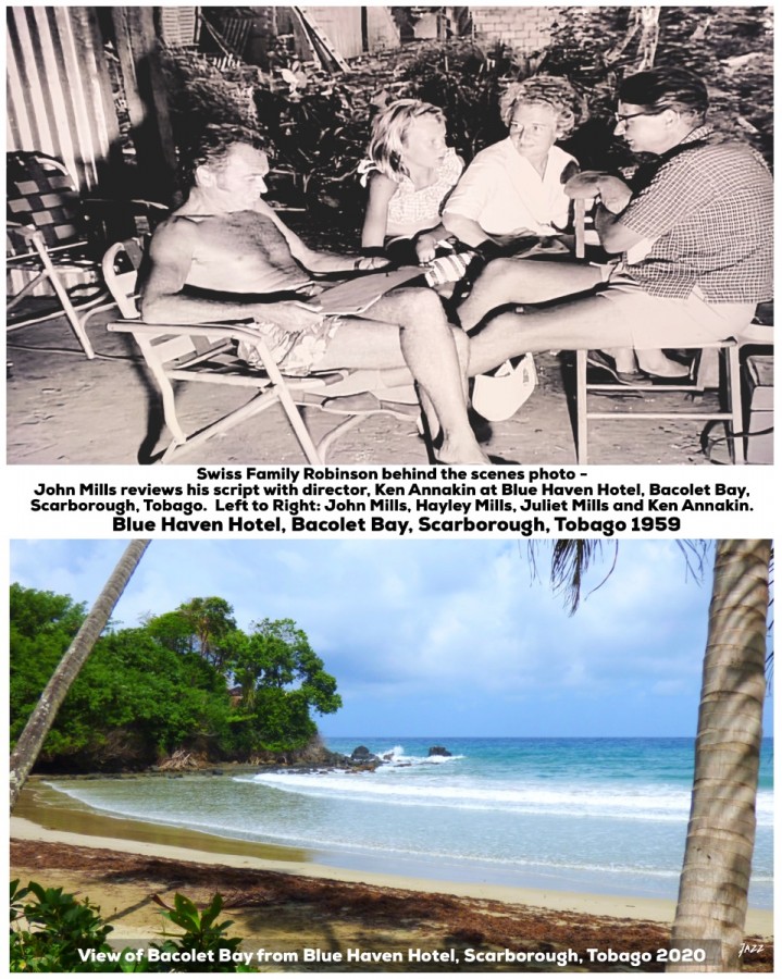 Swiss Family Robinson behind the scenes photo - John Mills reviews his script with director, Ken Annakin at Blue Haven Hotel, Bacolet Bay, Scarborough, Tobago.