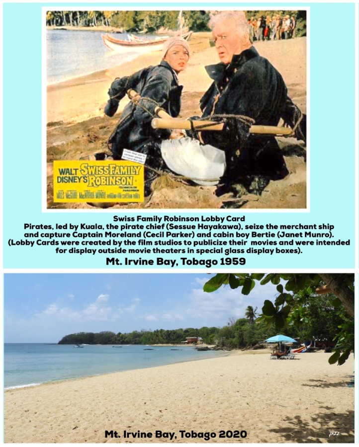 Swiss Family Robinson Lobby Card - Pirates, led by Kuala, the pirate chief (Sessue Hayakawa), seize the merchant ship and capture Captain Moreland (Cecil Parker) and cabin boy Bertie (Janet Munro).  Mt. Irvine Bay, Tobago.