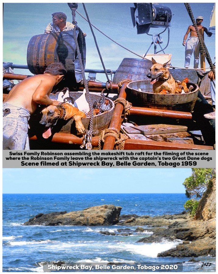 Assembling the makeshift tub raft for the filming of the scene where the Robinson Family leave the shipwreck with the captain’s two Great Dane dogs.