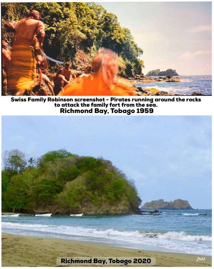 Swiss Family Robinson screenshot  at 1:57:27 ... almost at the very end of the movie!  Richmond Bay, Tobago 1959.