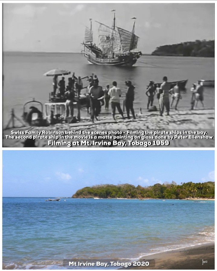 Swiss Family Robinson behind the scenes photo -  Filming at Mt. Irvine Bay, Tobago 1959.