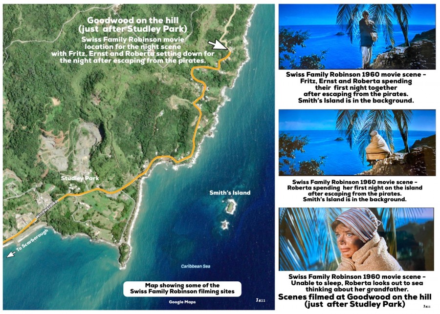 Map shows the Swiss Family Robinson movie location for the night scene with Fritz, Ernst and Roberta setting down for the night after escaping from the pirates.