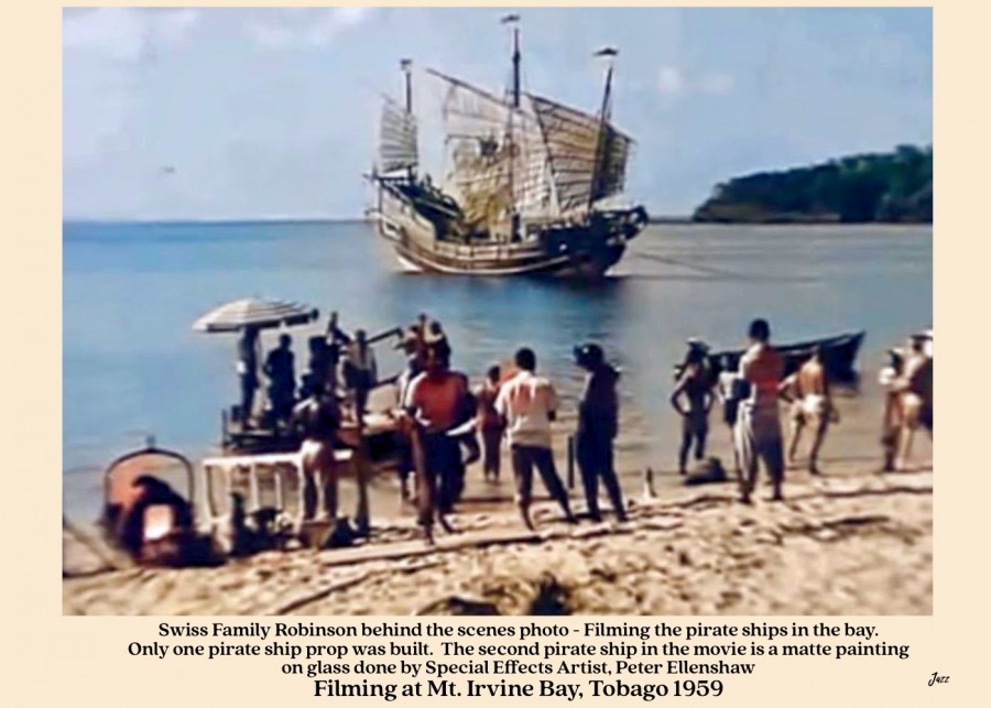 Swiss Family Robinson behind the scenes photo - Filming the pirate ships in Mt Irvine Bay, Tobago 1959.