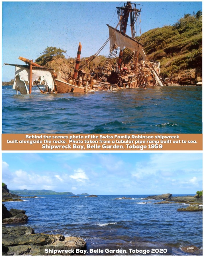Photo taken from a tubular pipe ramp built out to sea.  Shipwreck Bay, Belle Garden, Tobago 1959.