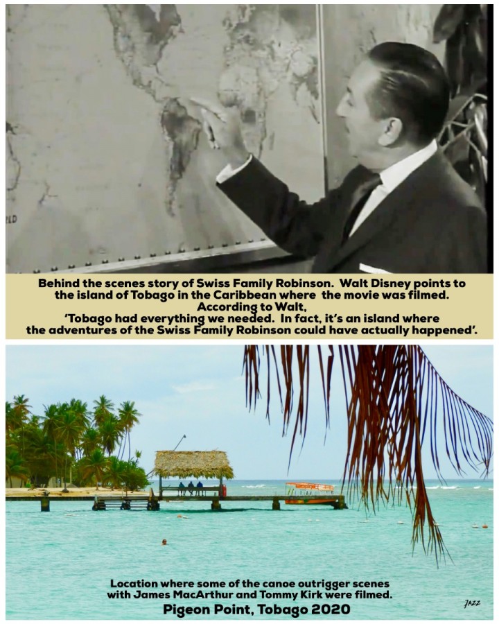 Walt Disney points to the island of Tobago in the Caribbean where the movie Swiss Family Robinson, was filmed.