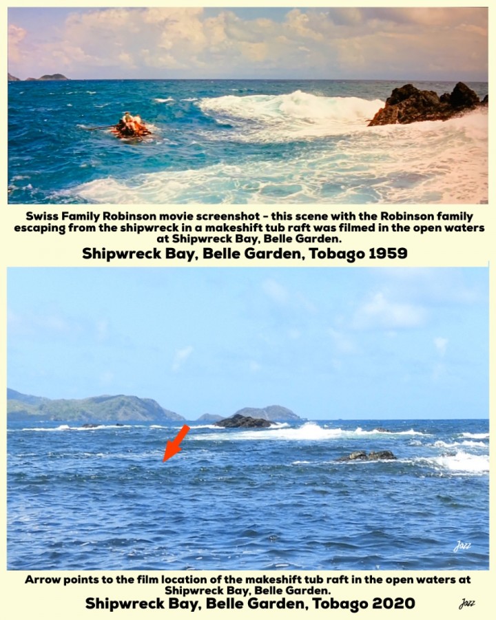 Swiss Family Robinson movie screenshot - the Robinson family escaping from the shipwreck in a makeshift tub raft.  Shipwreck Bay, Belle Garden 1959.
