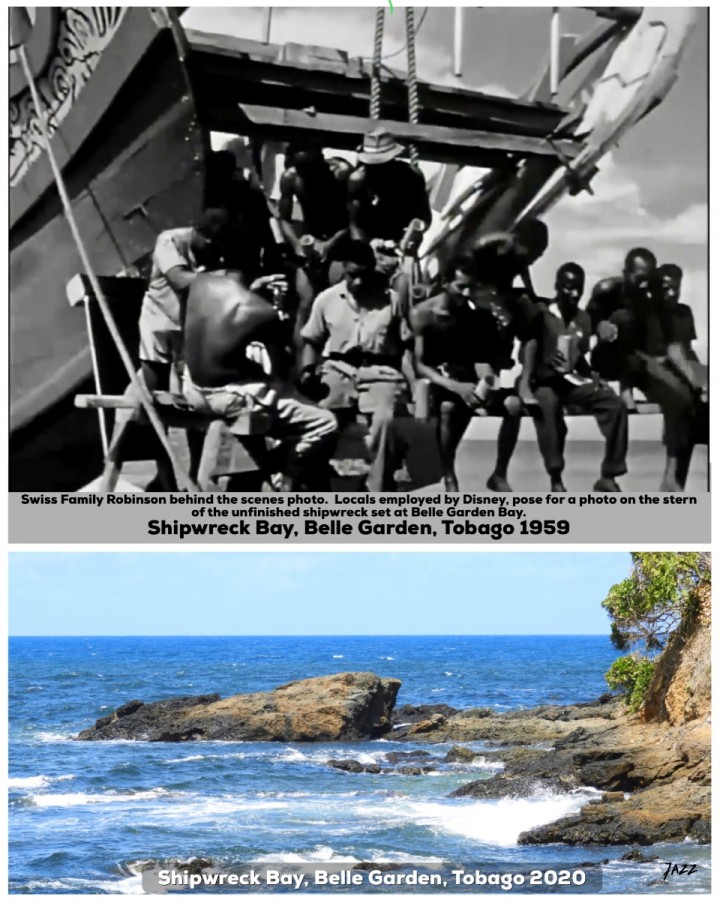 The unfinished Swiss Family Robinson shipwreck set at Shipwreck Bay, Belle Garden, Tobago 1959.