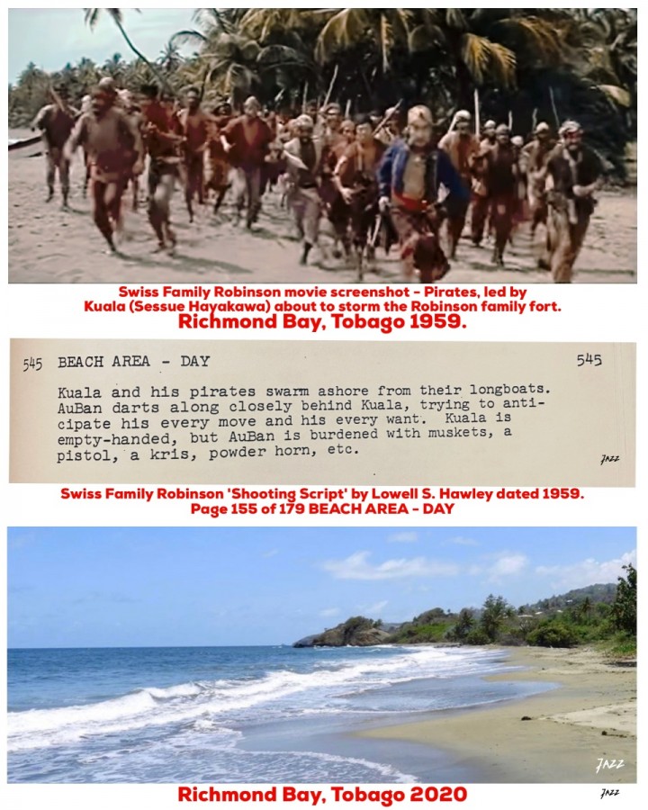 Pirates attack on the family fort - screenshot and page 155 of the Swiss Family Robinson movie shooting script.   Richmond Bay, Tobago.
