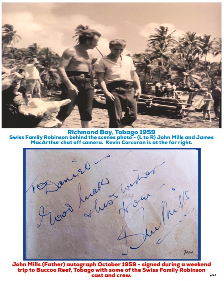 Swiss Family Robinson behind the scenes photo - John Mills (Father) Richmond Bay, Tobago 1959 and John Mills autograph October 1959.
