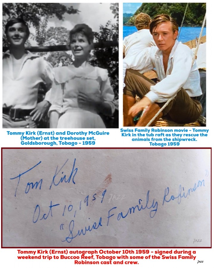 Tommy Kirk (Ernst) autograph October 10th 1959 - signed during a weekend trip to Buccoo Reef, Tobago with some of the Swiss Family Robinson cast and crew.