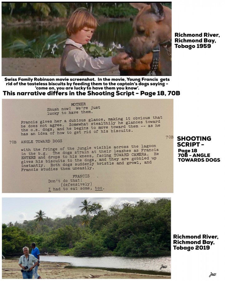 Scene filmed at Richmond River, Richmond Bay, Tobago 1959.<br />This narrative differs in the Shooting Script - Page 18, 70B - ANGLE TOWARDS DOGS.