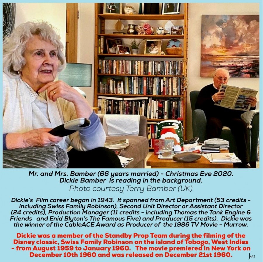 Mr. and Mrs. Bamber (66 years married) - Christmas Eve 2020.   Dickie Bamber is sitting in the background reading.