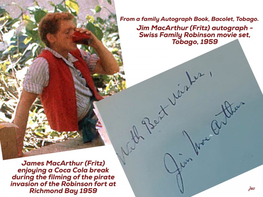 Jim MacArthur (Fritz) autograph - Swiss Family Robinson movie set, Richmond Bay, Tobago, 1959