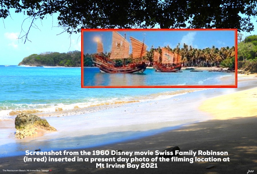 Swiss Family Robinson screenshot in red with present day photo of the filming location.