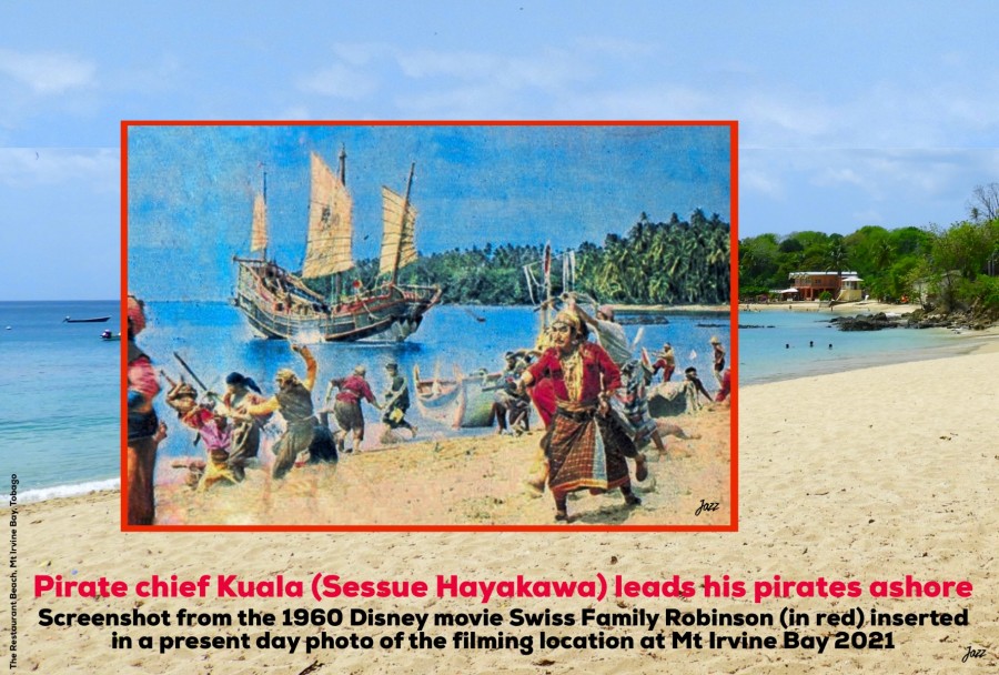 Lobby card advertising the 1960 Disney movie Swiss Family Robinson (in red) inserted in a present day photo of the filming location at Mt Irvine Bay 2021.