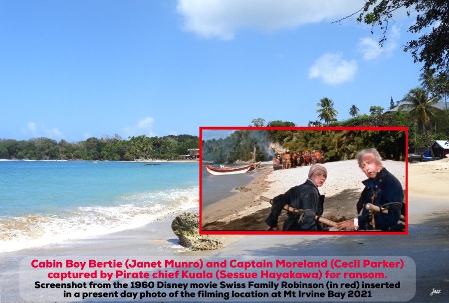 Swiss Family Robinson movie screenshot (in red) inserted in a present day photo of the filming location at Mt Irvine Bay 2021.