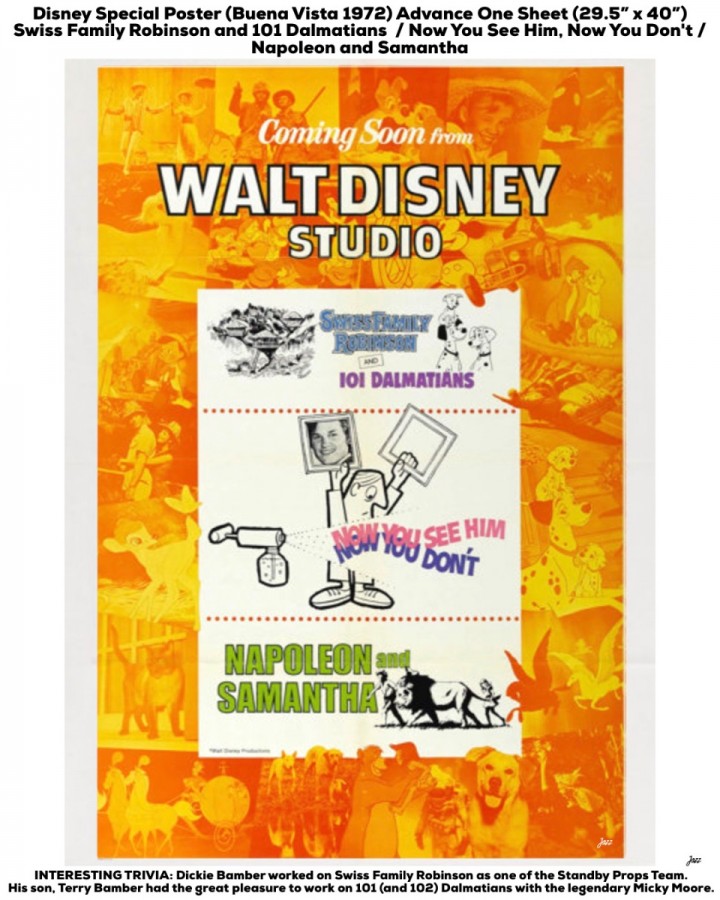 Poster advertising upcoming Disney movies:  A double feature - the rerelease of ‘Swiss Family Robinson’  with ‘101 Dalmatians’; ‘Now You See Him, Now You Don't’; and,  ‘Napoleon and Samantha’.