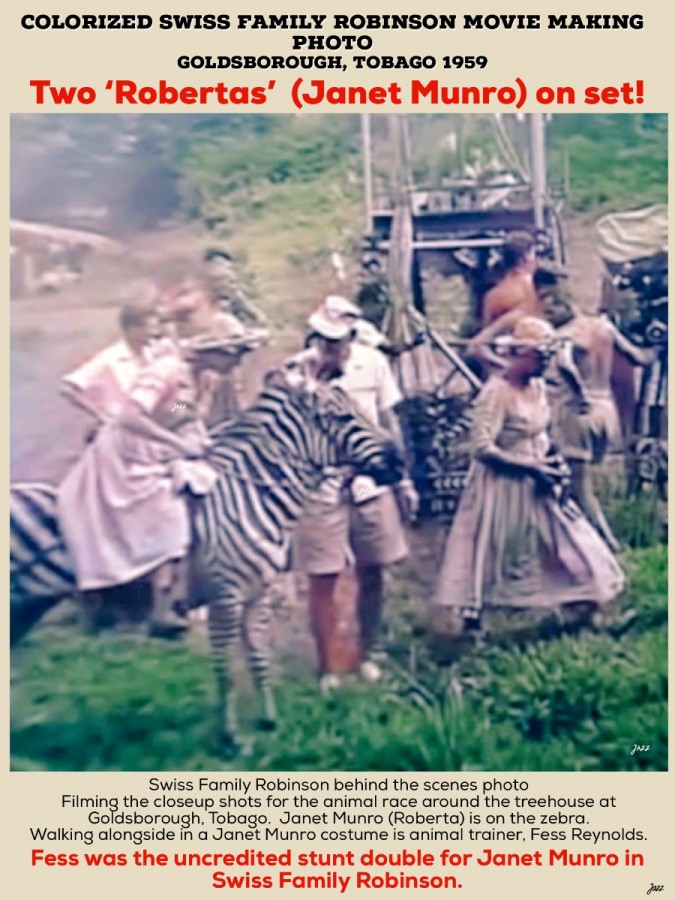 Colorized Swiss Family Robinson Movie Making Photo.  Goldsborough, Tobago, 1959 - Two ‘Robertas’  (Janet Munro) on set!