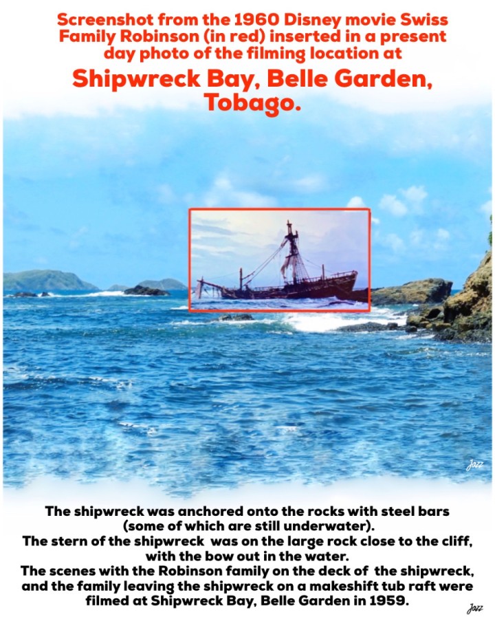 Screenshot from the 1960 Disney movie Swiss Family Robinson (in red) inserted in a present day photo of the filming location at Shipwreck Bay, Belle Garden, Tobago