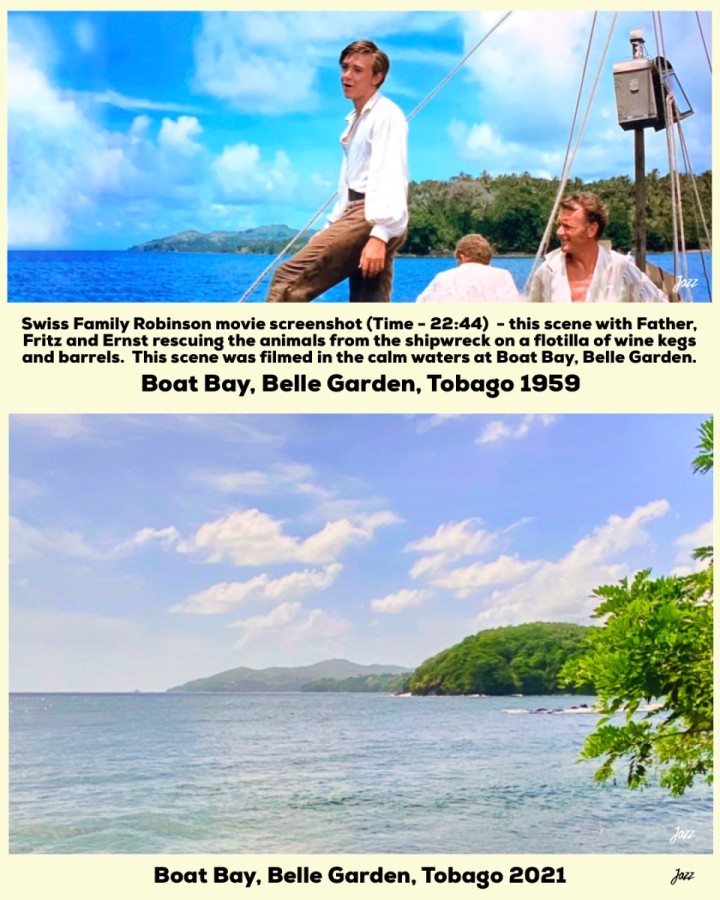 ‘Then and Now Shot’ of the filming location for the scene where Father, Fritz and Ernst rescue the animals from the shipwreck and pull the flotilla of animals ashore …