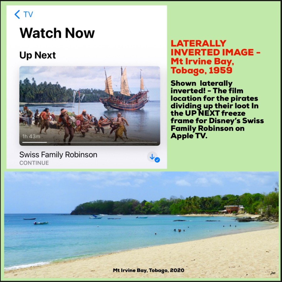 LATERALLY INVERTED IMAGE of Mt Irvine Bay, Tobago, 1959 on Apple TV with a present day photo.