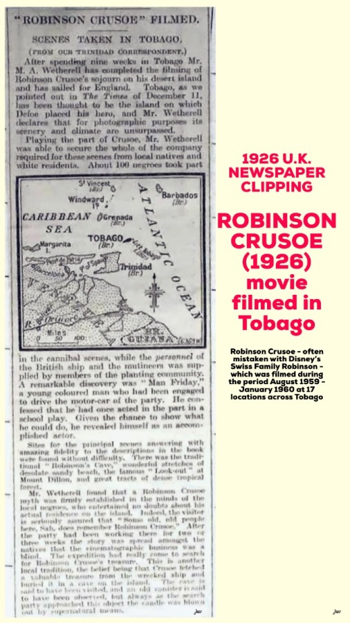 1926 UK Newspaper Clipping - ROBINSON CRUSOE (1926) movie filmed in Tobago.