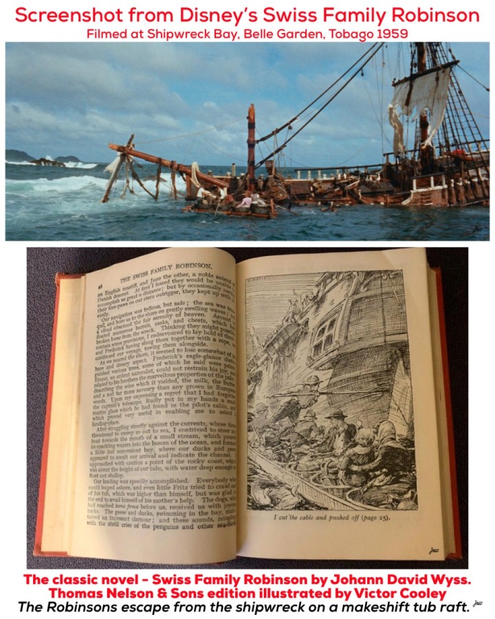 Screenshot from Disney’s Swiss Family Robinson where the Robinson family escape from the shipwreck on a makeshift tub raft.   This scene was filmed at Quashie Bay, now Shipwreck Bay, Belle Garden, Tobago 1959.<br /><br />I cut the cable and pushed off (page 25)<br />Illustration by Victor Cooley in the Thomas Nelson &amp; Sons Ltd. edition of the classic novel - Swiss Family Robinson by Johann David Wyss.