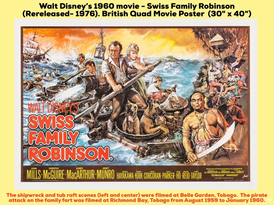 The shipwreck and tub raft scenes (left and center) were filmed at Belle Garden, Tobago.  The pirate attack on the family fort was filmed at Richmond Bay, Tobago from August 1959 to January 1960.