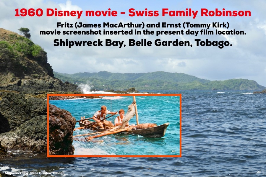 Fritz (James MacArthur) and Ernst (Tommy Kirk) movie screenshot inserted in the present day film location - Shipwreck Bay, Belle Garden, Tobago.