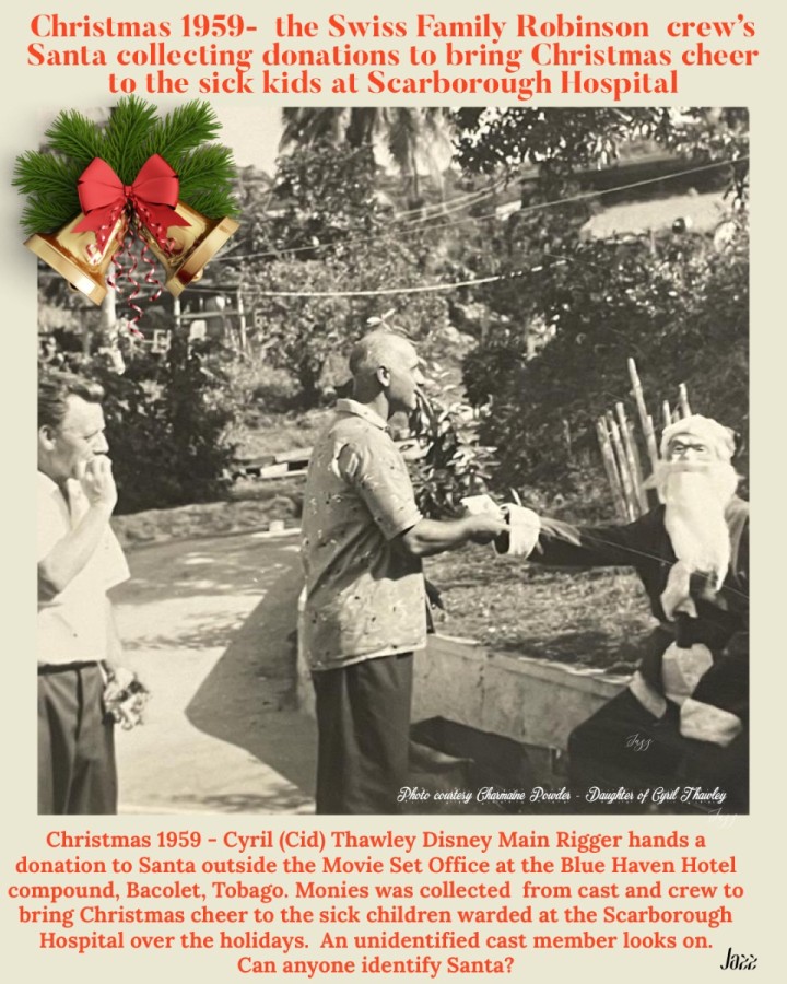 Christmas 1959 - Cyril (Cid) Thawley Disney Main Rigger hands a donation to Santa outside the Movie Set Office at the Blue Haven