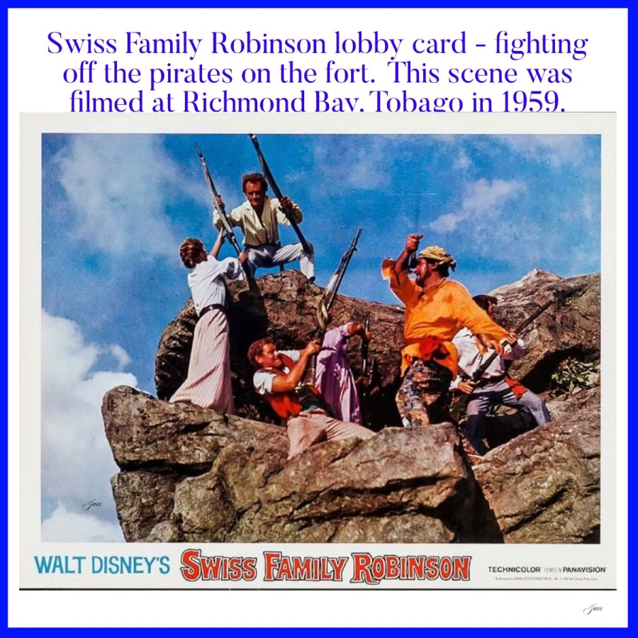 Lobby card with the Robinsons fighting off the pirates.  Filmed at Richmond Bay, Tobago 1959.