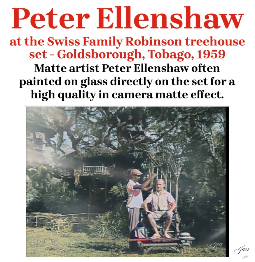 Peter Ellenshaw at the Swiss Family Robinson treehouse set - Goldsborough, Tobago, 1959