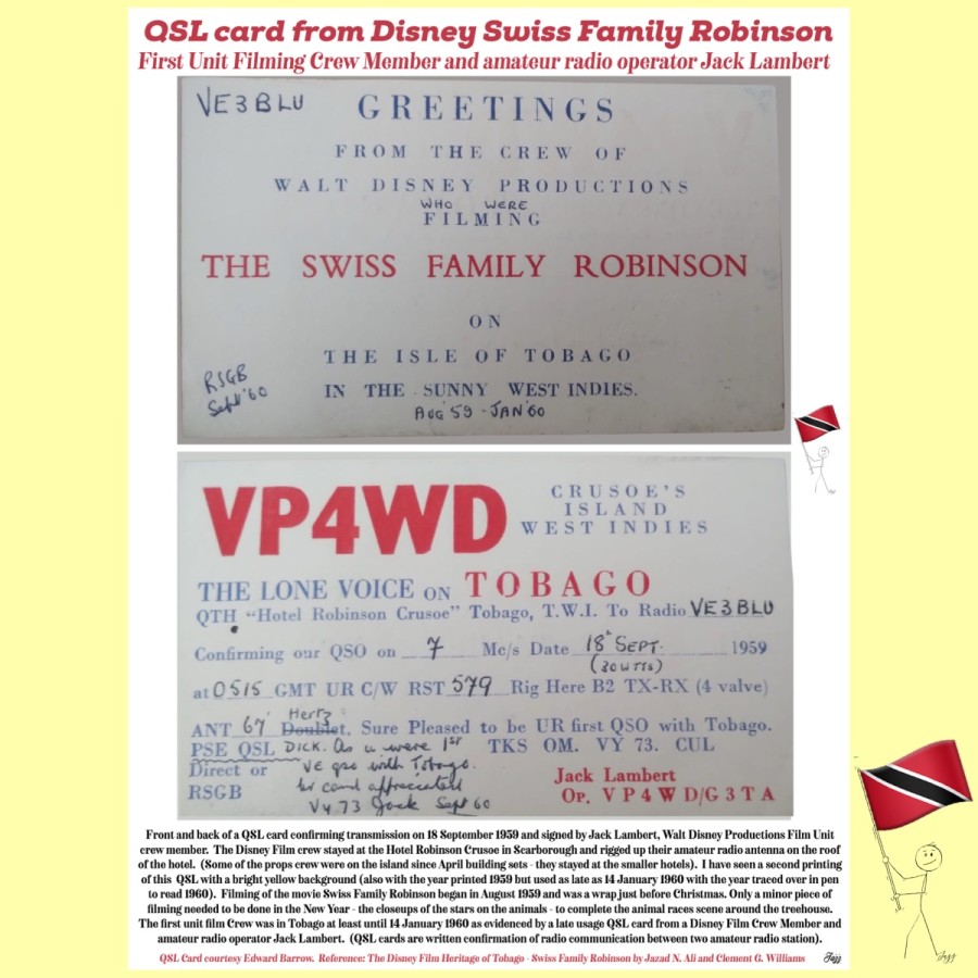 QSL card from Disney Swiss Family Robinson First Unit Filming Crew Member and amateur radio operator, Jack Lambert